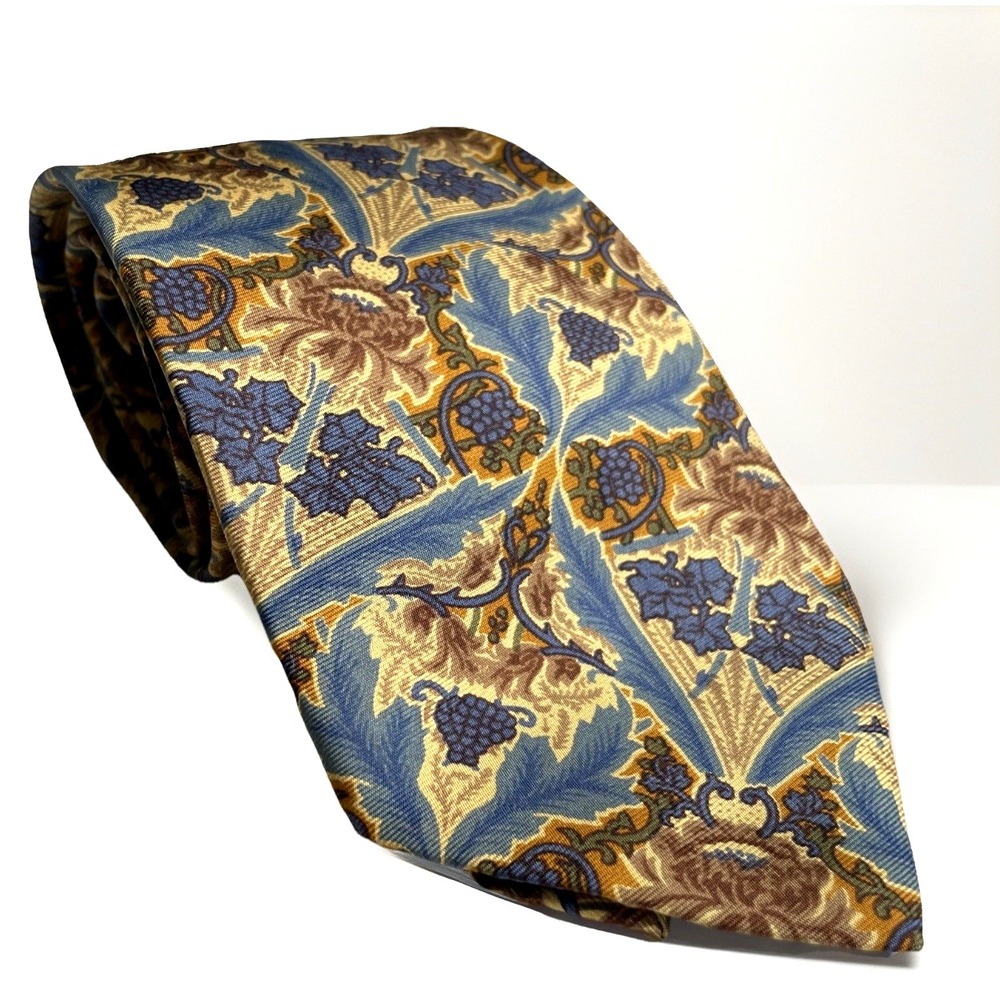 Liberty of London Grapevines Gold Blue All Silk Mens Neck Tie 58" x 3.75 UK Wine